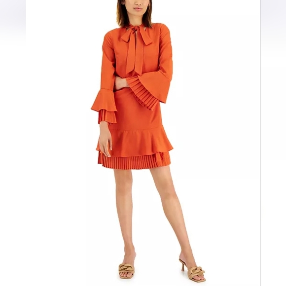 NWT Tahari ASL Burnt Orange Pleated Trim Tie Neck Dress Size 14 - Picture 1 of 15